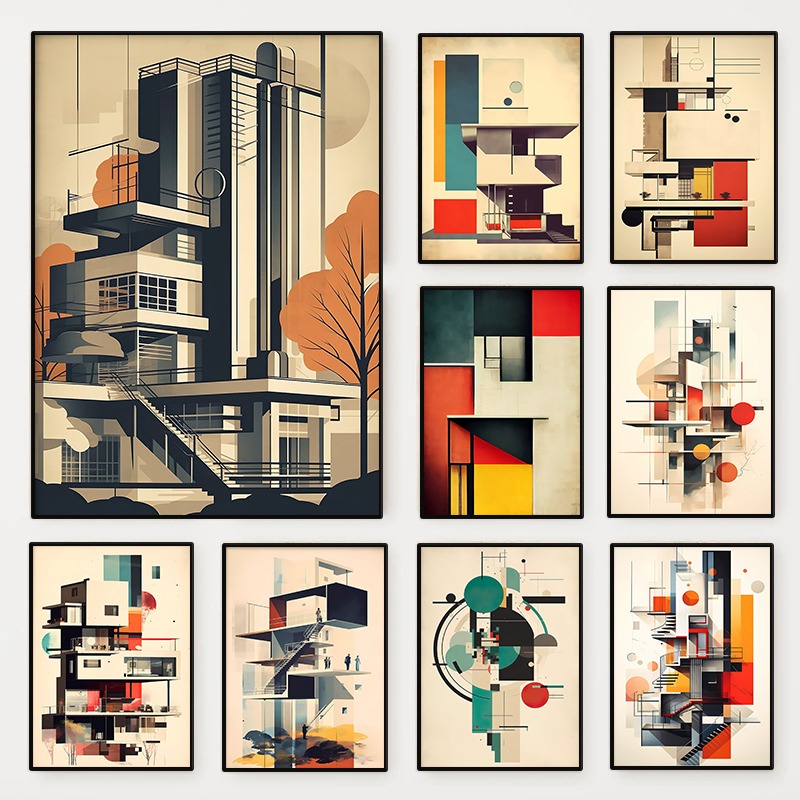 Photography Geometry - ヴィンテージミニマリストバウハウス建築スケッチポスター抽象幾何学キャンバス絵画壁アートリビングルーム家の装飾ムラ