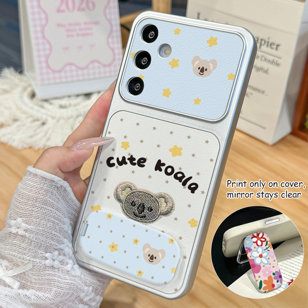 Camera Wrist Strap - かわいいコアラ柄のPUレザー製ケース。Samsung S23 Ultra、S24 Plus、S25 FE、A57、A56、A37、A36、A55、A17、A18、A27、A26、A08、S26に対応。ミラー付きスタンドカバー。